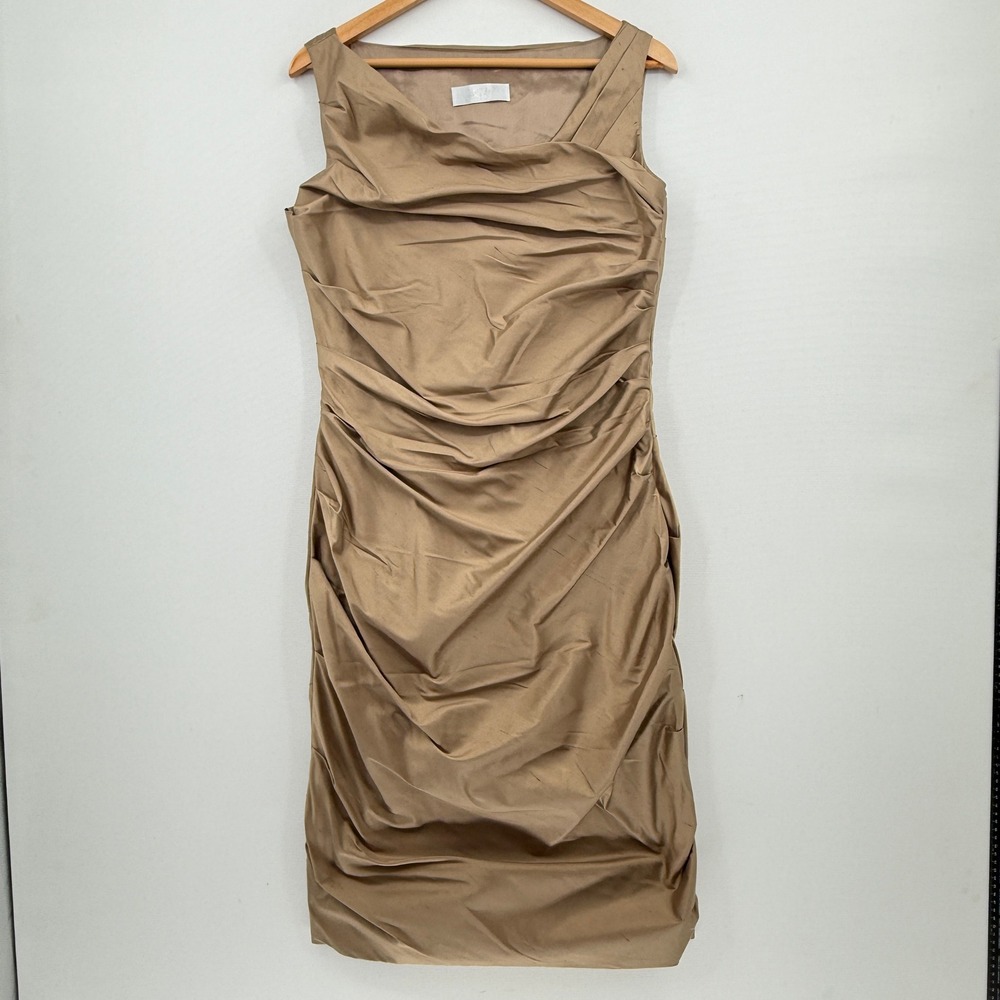 Sui Ruched Draped Silk Sheath Dress Womens Small Tan Sleeveless Cocktail Elegant